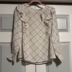 Loft NWT size XS Women’s Cream Plaid Ruffle Long-Sleeve Top